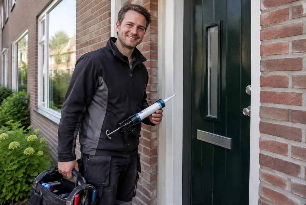 Vakman van Kitbedrijf Bussum bij de voordeur van een woning